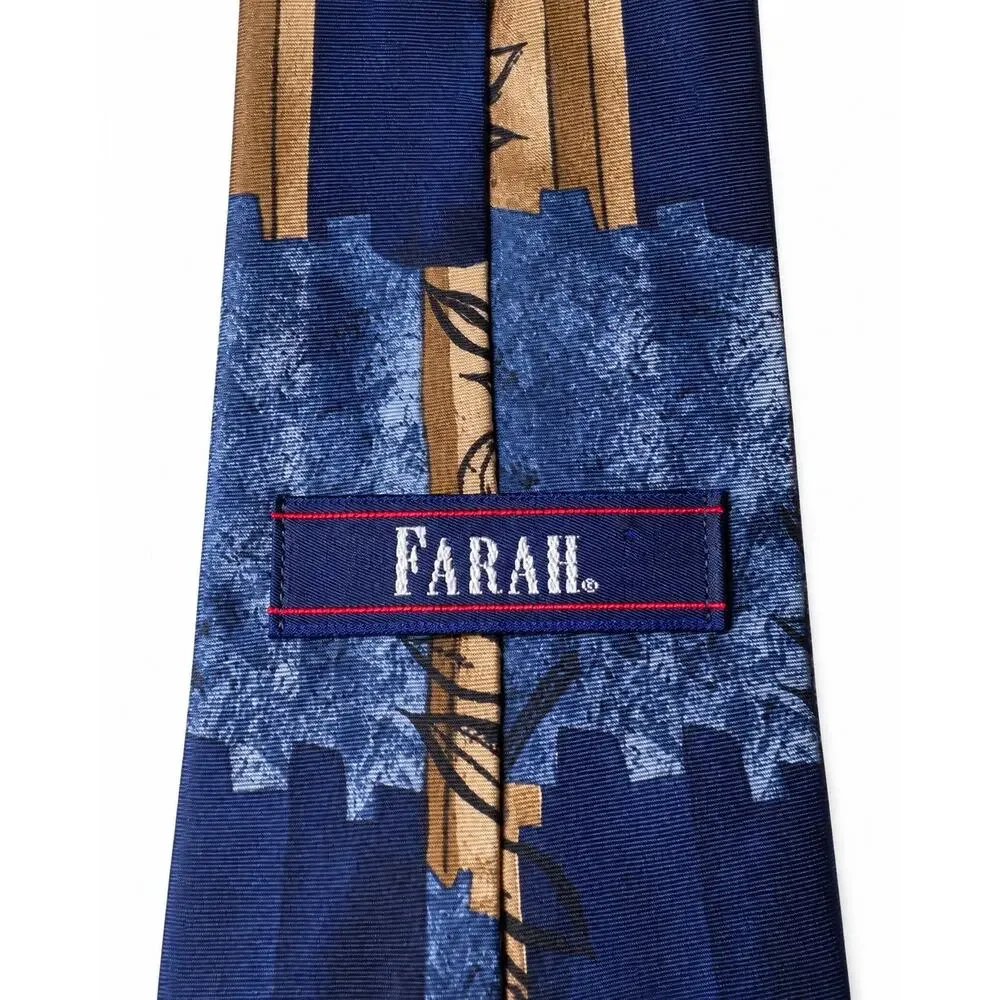Vintage Farah 100% Silk Necktie Blue Tan Abstract Botanical Made in USA